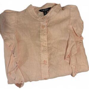 VTG Lauren Ralph Lauren Black Label 100% Linen Ruffle Blouse L Peach Shirt Y2K